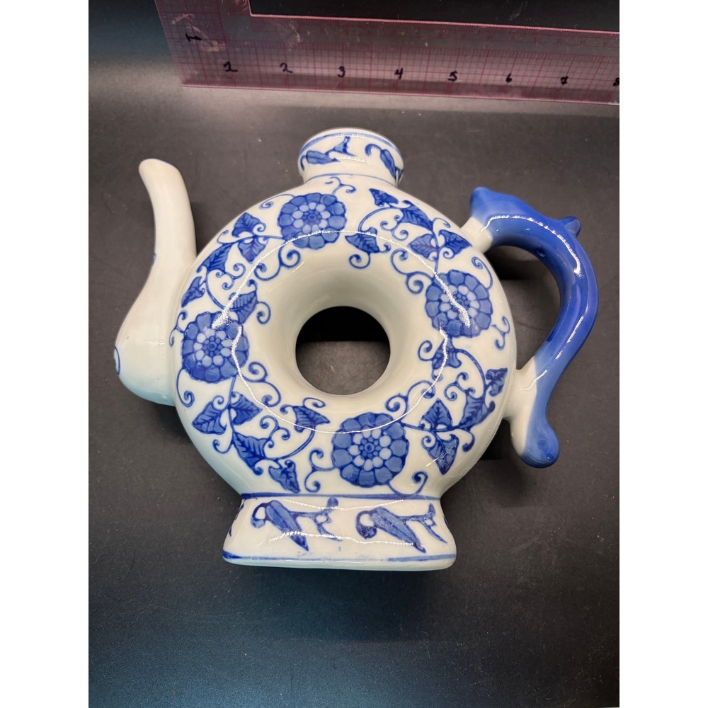 Blue White Porcelain Donut Teapot Floral China Decorative Ring Jug‎ 5.25in